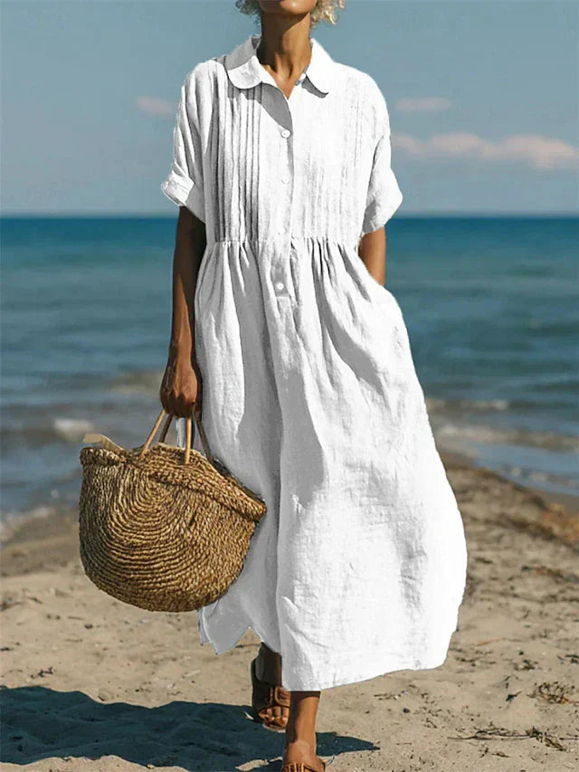 Women's Breathable Cotton Midi Dress | Lightweight Relaxed Button-Up Shirt Dress 0