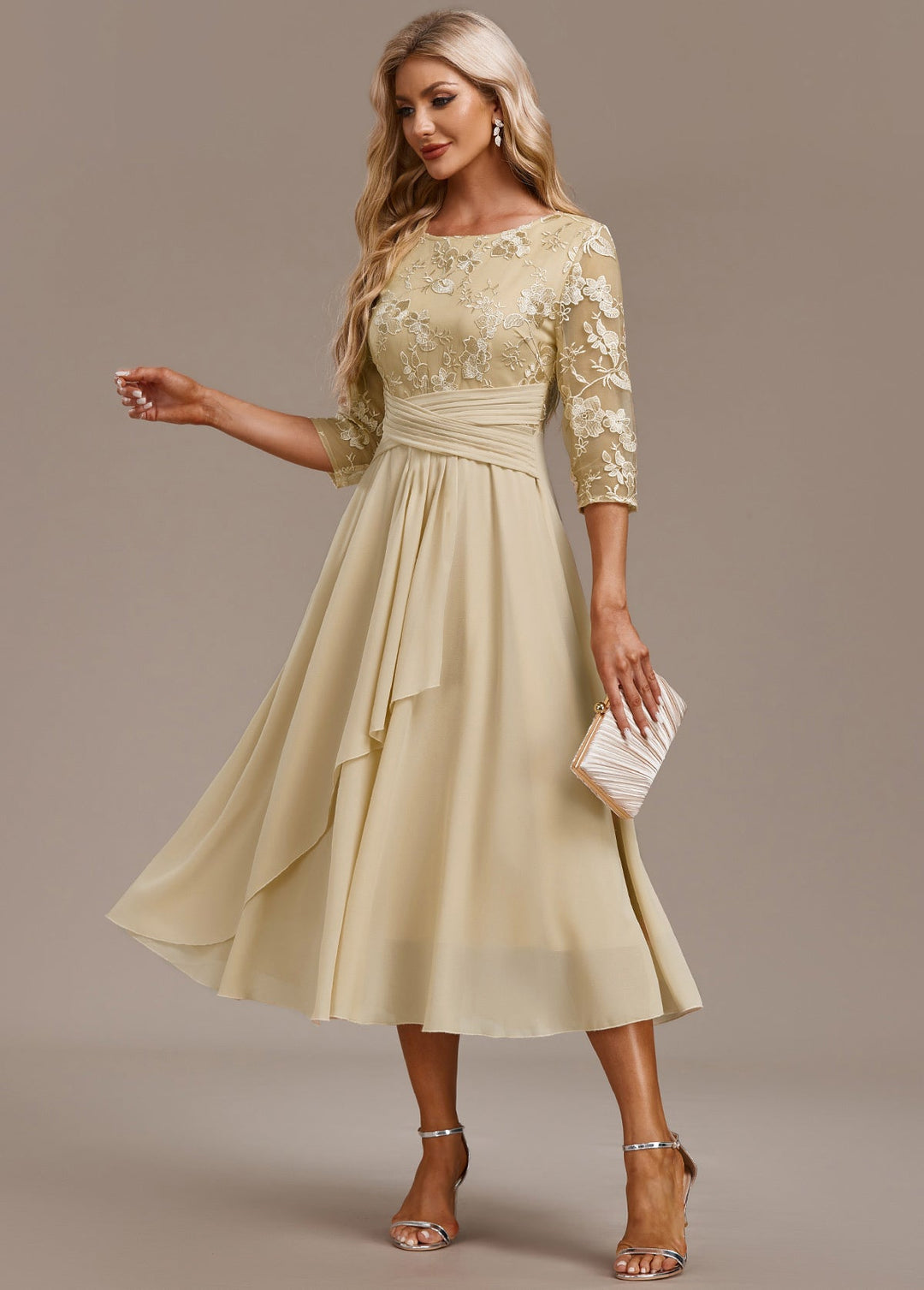 Women's Chiffon Midi Dress | Elegant Floral Lace Detail with 3/4 Sleeves 0