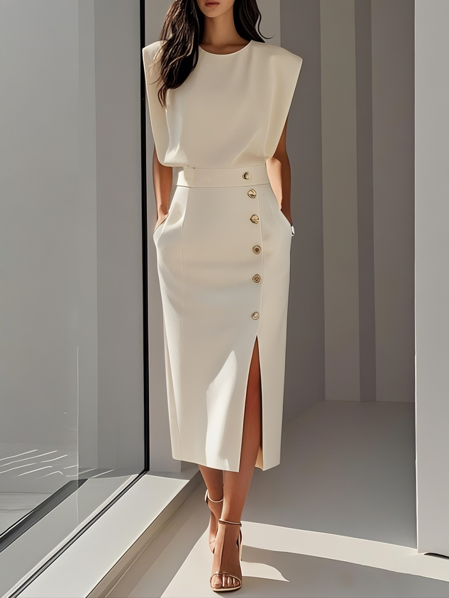 Women's Elegant Midi Dress | Structured Round Neckline with Button Slit 0