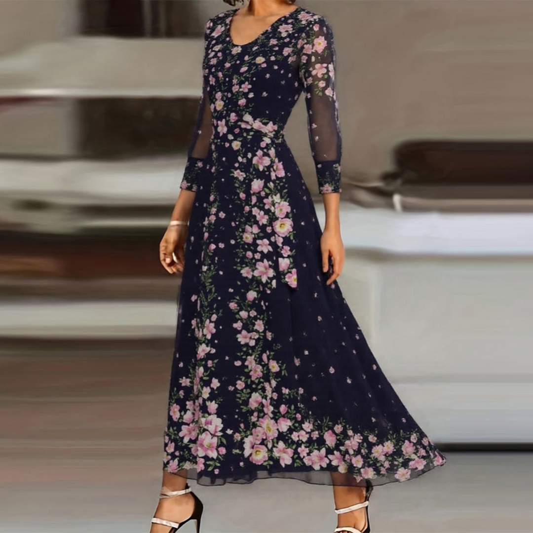 Women's Floral Rayon Maxi Dress | Elegant Flowing Sleeve Deep Round Neckline 0