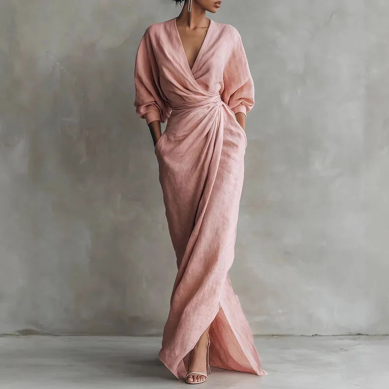 Women's Soft Draping Long Dress | Elegant V-Neck Wrap Waist Design 0