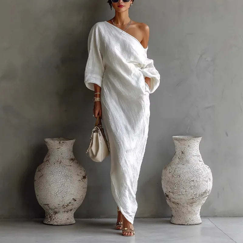 Women's Textured Linen One Shoulder Dress | Elegant Asymmetrical Summer Dress 0